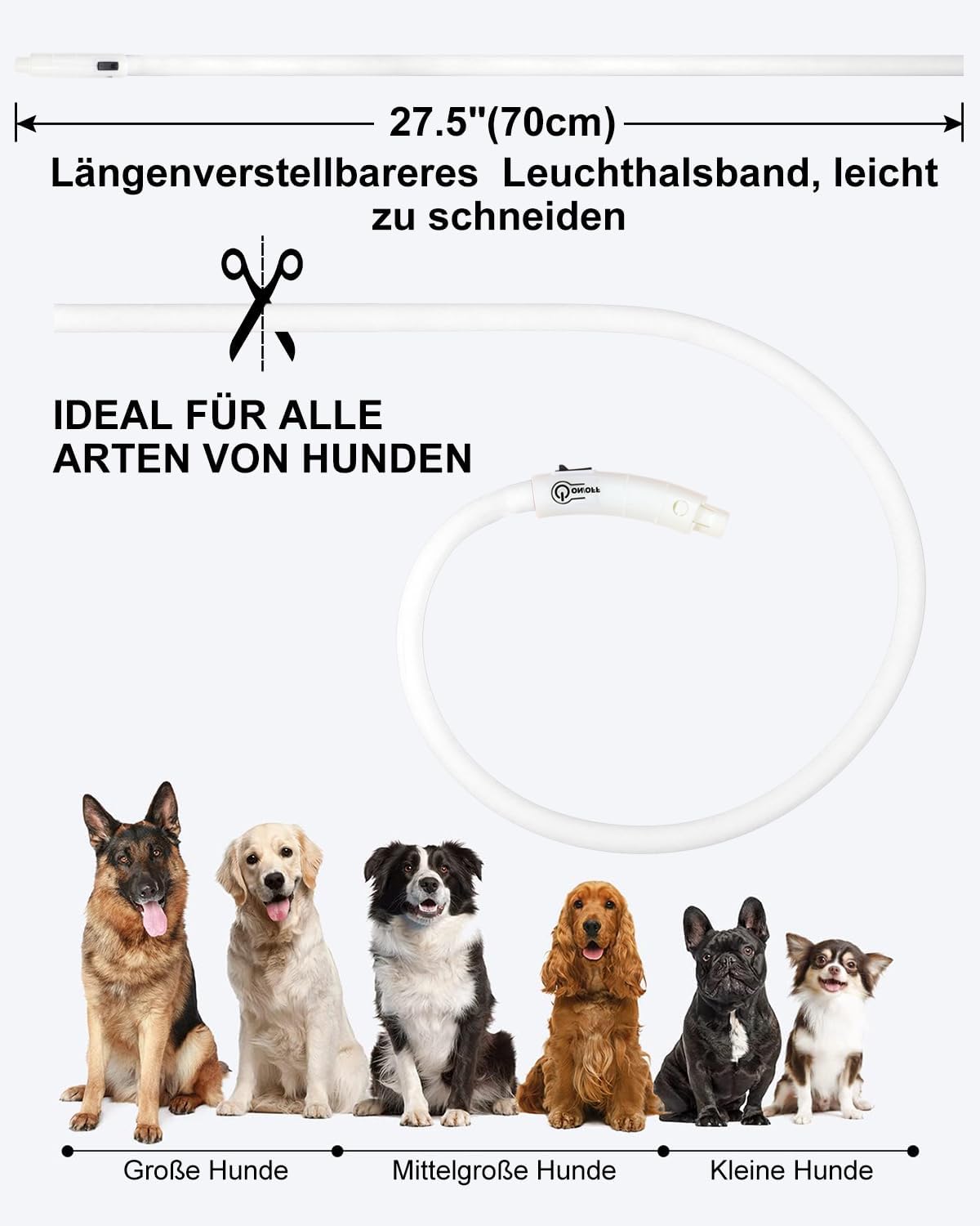 Joytale Leuchthalsband Hund USB Aufladbar Hundehalsband Leuchtend für Große Mittel Kleine Hunde und Welpe, Led Halsband mit 3 Modi für Sicherheit, Weiß