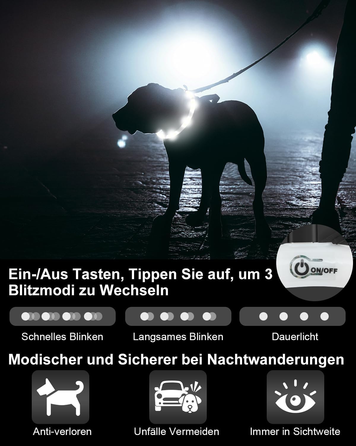 Joytale Leuchthalsband Hund USB Aufladbar Hundehalsband Leuchtend für Große Mittel Kleine Hunde und Welpe, Led Halsband mit 3 Modi für Sicherheit, Weiß